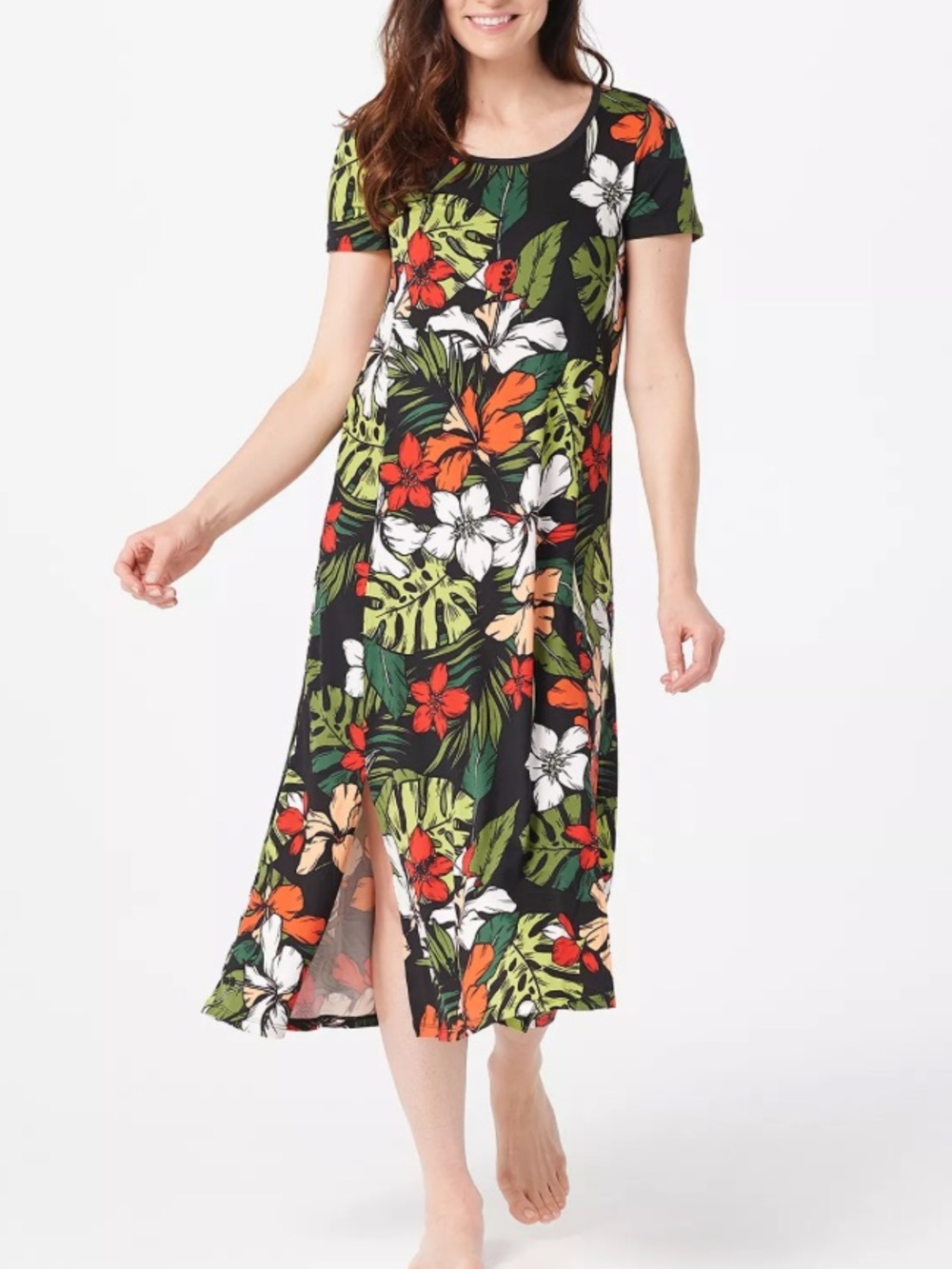 Cuddl Duds flex wear short sleeve maxi dress large black tropical floral palm